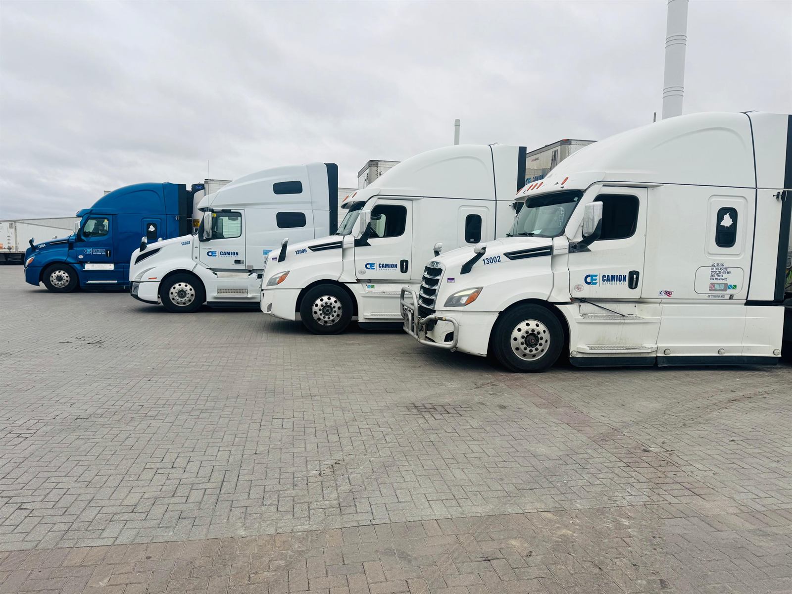 Four Camion Express tractors — one blue, three white — lined up in the yard